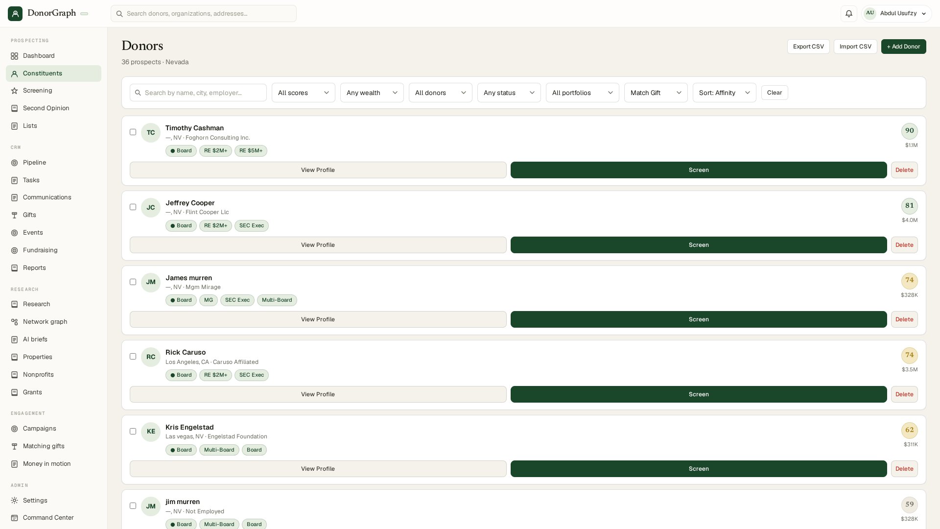 Constituents page with Import