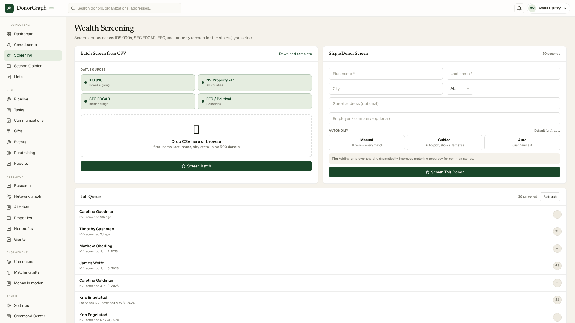Wealth Screening hub
